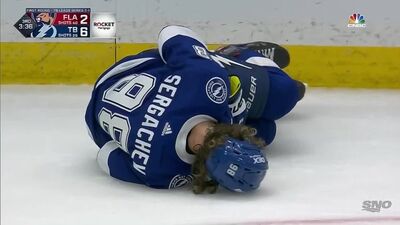Mikhail_Sergachev_Shaken_Up_After_Being_Drilled_By_Patric_Hornqvist_Into_The_Boards